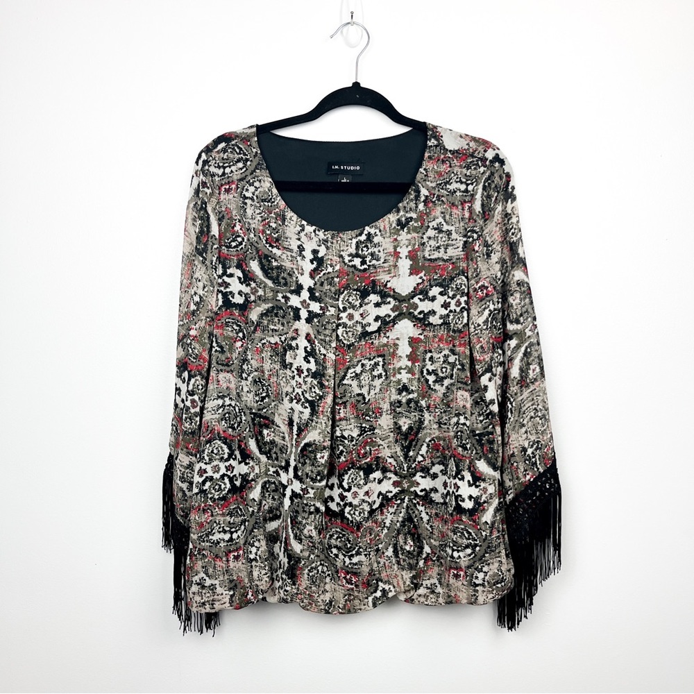 I.N. Studio Long Sleeve Gray Red Patterned Blouse with Fringe Cuffs